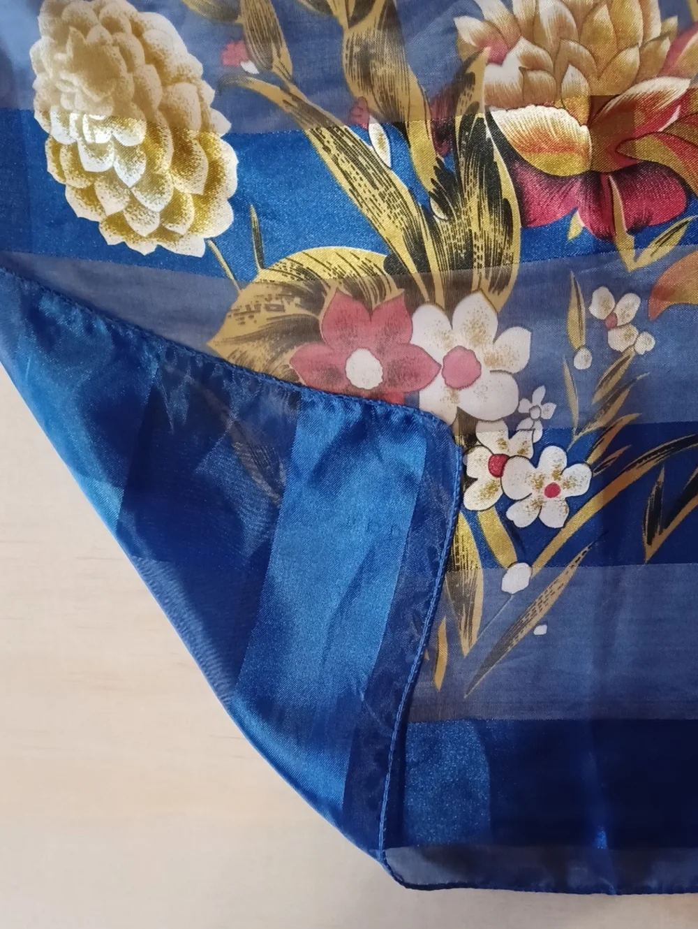 Vintage Floral Striped Square Scarf Blue Chiffon Satin 39×39 Grandma-Core